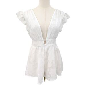 Fourteen Twelve White Textured Chiffon Romper Deep V Backless Tie Waist Womens S